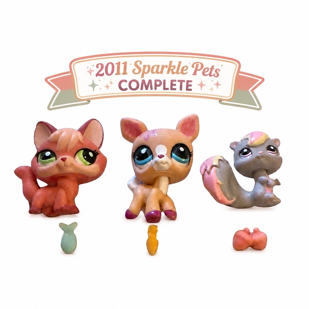 LPS G2 2011 Sparkle Pets Complete Set #2112 Squirrel #2113 Deer #2114 Fox
